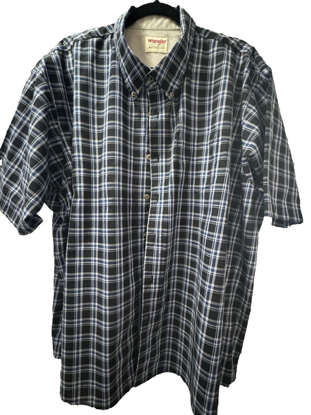 Wrangler 3XL Button-Down Shirt.  Blue/White Plaid With Shirttail Hem.